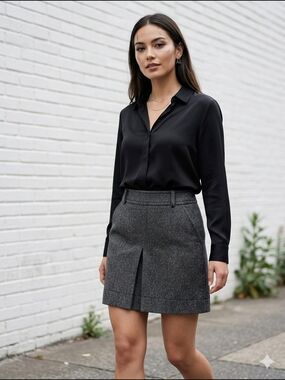 Espirit Womens Charcoal Tweed Gray Pleated Wool-Blend Skirt Dark Academia